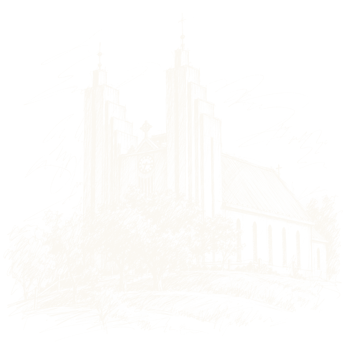 Pen drawing of Akureyri Church on its hill, its two stepped towers rising above the trees