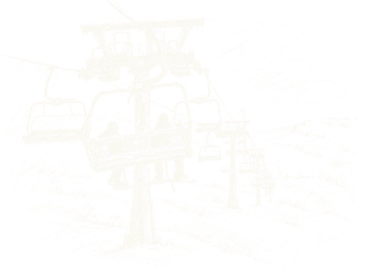 Pen drawing of a chairlift at Hlíðarfjall, two skiers riding up the snowy slope past a line of lift towers